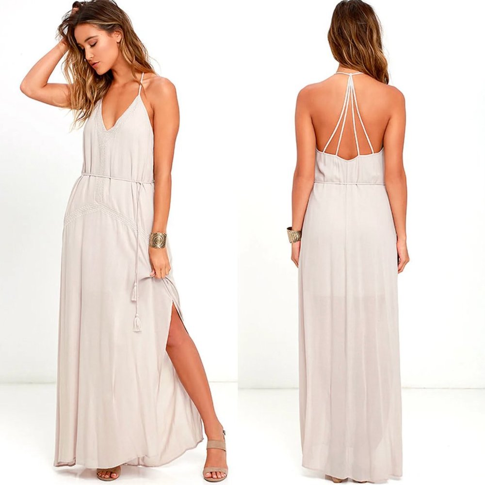 Lulu's Crush and Croon Light Taupe Embroidered Maxi Dress
